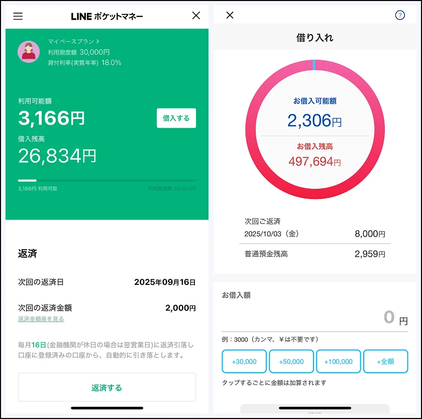 PayPay銀行カードローンとLINEポケットマネーの履歴(浅井さん)