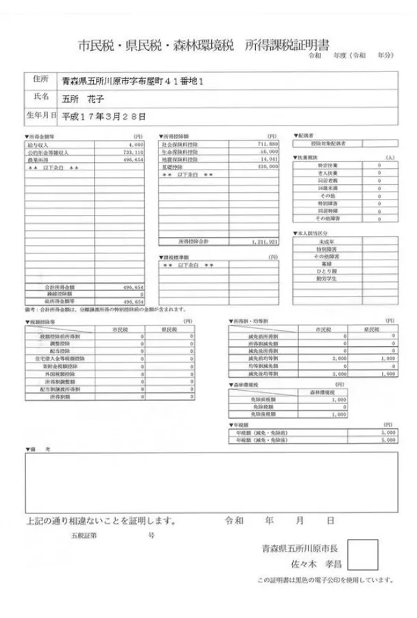所得証明書の見本(五所川原市)